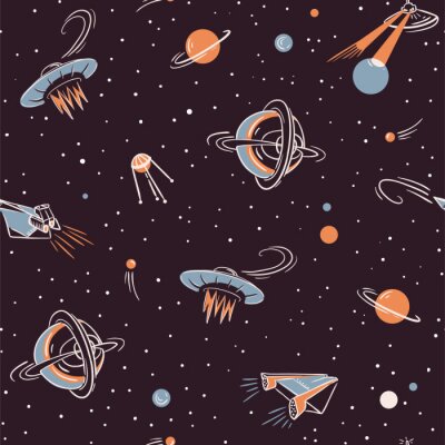 Tapete Nahtloses Muster des Raumvektors. Space Fabric Design mit Raketen, Planeten, Sternen und Satelliten.