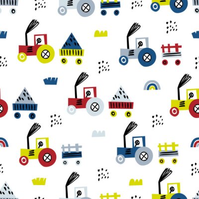 Nahtloses Muster des Traktors. Lustiger niedlicher handgezeichneter Kinderspielzeugtransport. Nahtloses Muster des Babykarikaturtraktorvektors auf weißem Hintergrund