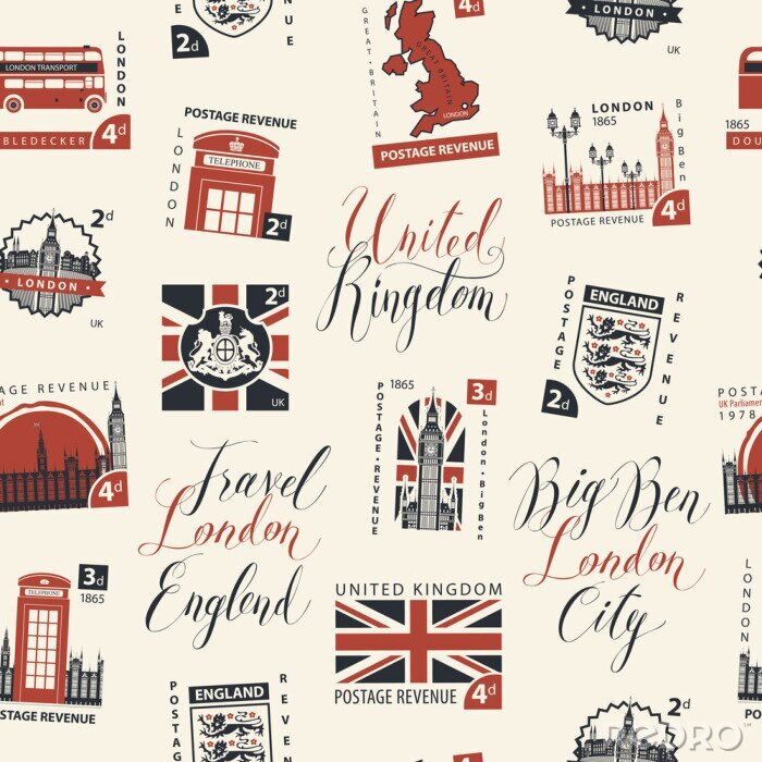 Tapete Nahtloses Muster des Vektors mit Briefmarken und handgeschriebenen Inschriften auf dem Thema Großbritannien und London im Retro-Stil auf hellem Hintergrund. Kann als Tapete oder Geschenkpapier verwend