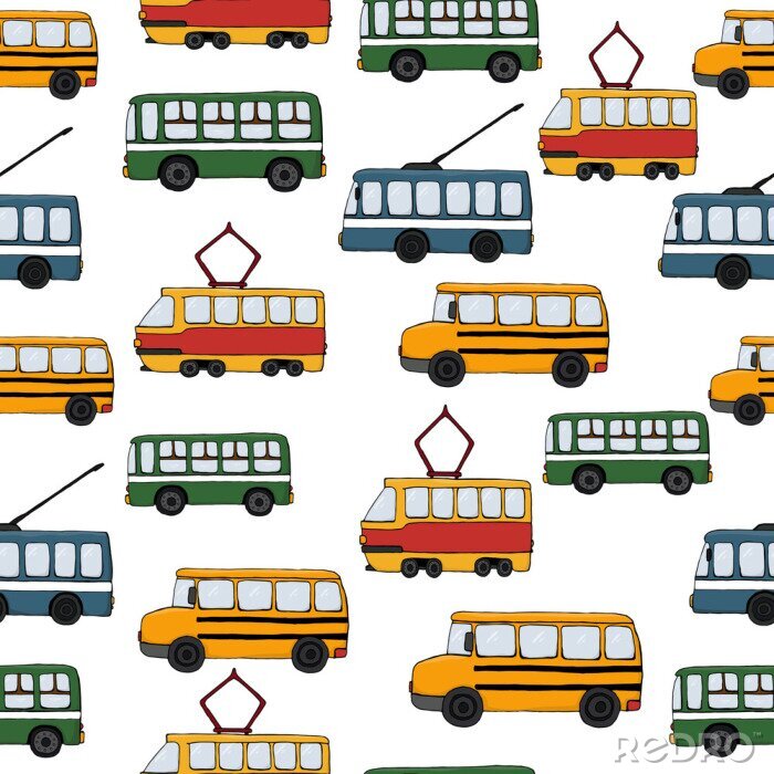 Tapete Nahtloses Muster des Vektortransports. Kinder, die Hintergrund mit Bus, Straßenbahn, Schulbus, Oberleitungsbus wiederholen. Endlose Kulisse für Kinder mit öffentlichen Verkehrsmitteln