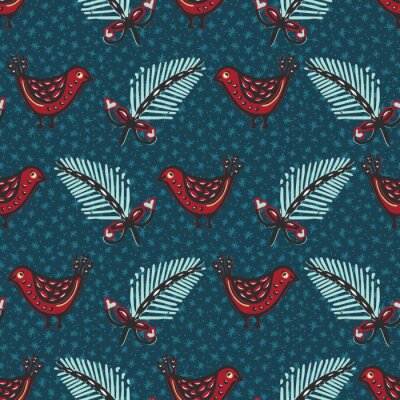 Tapete Nahtloses Muster. Hand gezeichneter Weihnachtsrotkehlchenvogelhintergrund. Frosty Tannenschneeflocken überall auf dem Druck. Winterferien Packpapier. Festliche Winterillustration. Traditionelle Weihna