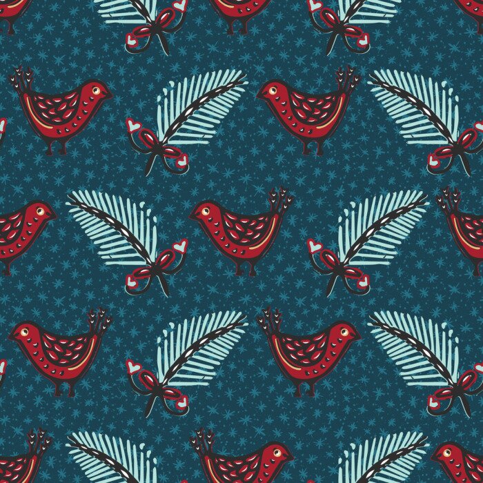 Tapete Nahtloses Muster. Hand gezeichneter Weihnachtsrotkehlchenvogelhintergrund. Frosty Tannenschneeflocken überall auf dem Druck. Winterferien Packpapier. Festliche Winterillustration. Traditionelle Weihna