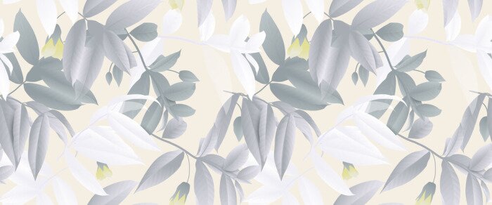 Tapete Nahtloses Muster, Hand gezeichnetes Pastellgrün und Weiß verlässt mit gelben Blumen auf hellgelbem Hintergrund