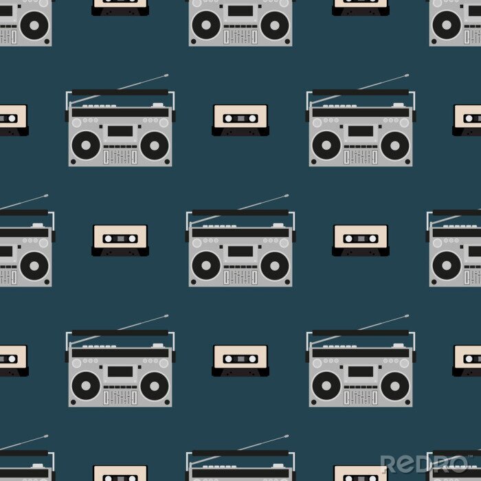 Tapete Nahtloses Muster mit alten Boomboxen und Bandkassetten. Vintage Musikdruck. Retro-Vektorillustration