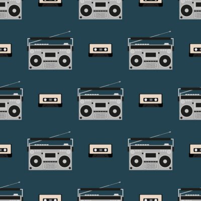 Tapete Nahtloses Muster mit alten Boomboxen und Bandkassetten. Vintage Musikdruck. Retro-Vektorillustration