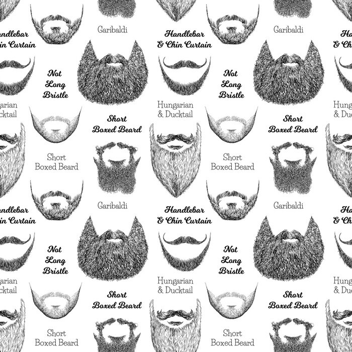 Tapete Nahtloses Muster mit Bärten und Schnurrbärten. Hand gezeichnete Illustration mit den Arten der modernen Männer. Lineare Grafiken. Arten und Namen von Frisuren