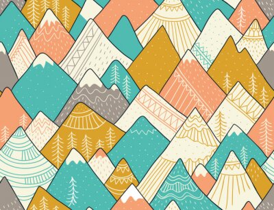 Nahtloses Muster mit Bergen in der skandinavischen Art. Dekorativer Hintergrund mit Landschaft. Handgezeichnete Ornamente.