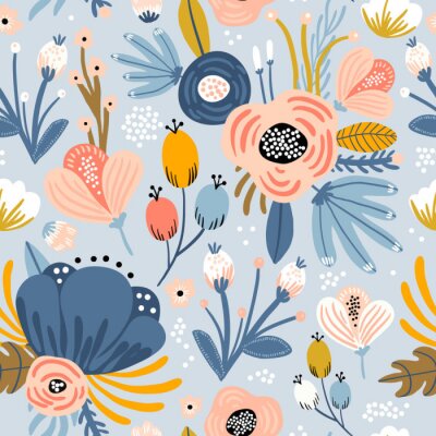 Nahtloses Muster mit Blumen, Palmzweig, Blättern.  Kreative florale Textur.  Ideal für Stoff, Textil Vektor-Illustration
