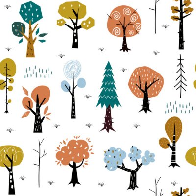 Tapete Nahtloses Muster mit bunten Herbstwaldbäumen. Ideal für Stoff, Textil