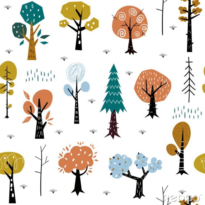 Tapete Nahtloses Muster mit bunten Herbstwaldbäumen. Ideal für Stoff, Textil