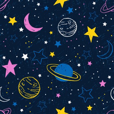 Tapete Nahtloses Muster mit bunten Planeten und Sternen