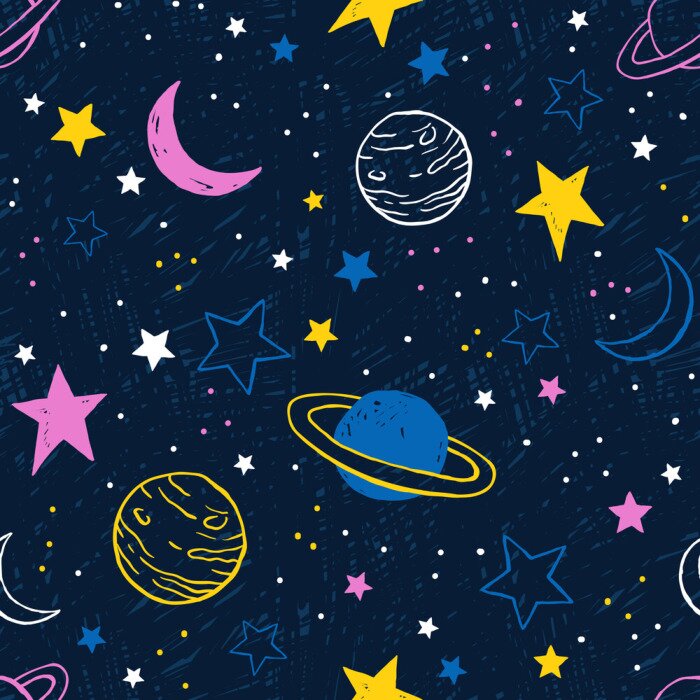 Tapete Nahtloses Muster mit bunten Planeten und Sternen