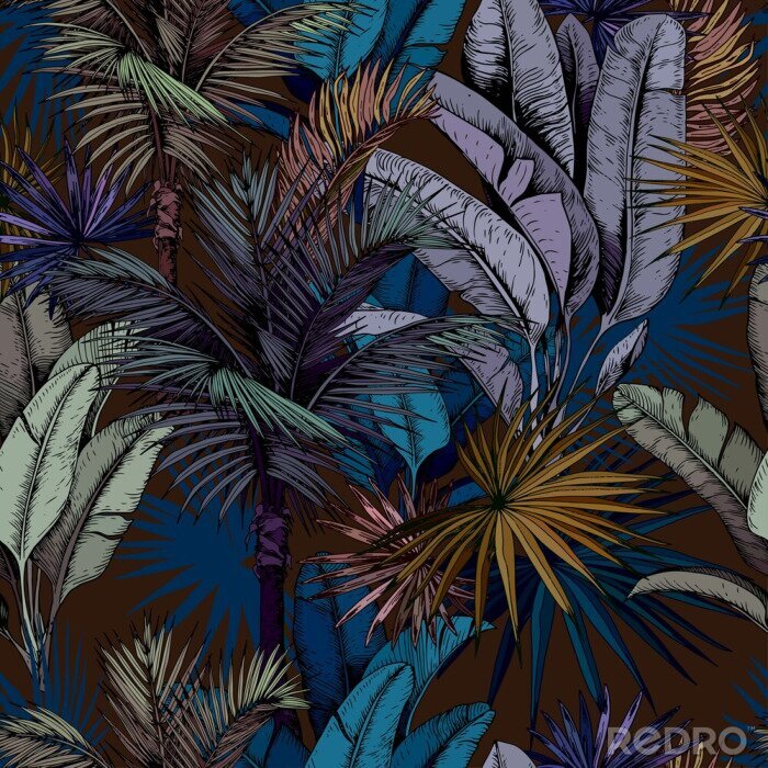 Tapete Nahtloses Muster mit bunten tropischen Blättern auf dunkelblauem Hintergrund. Hand gezeichnete Vektorillustration