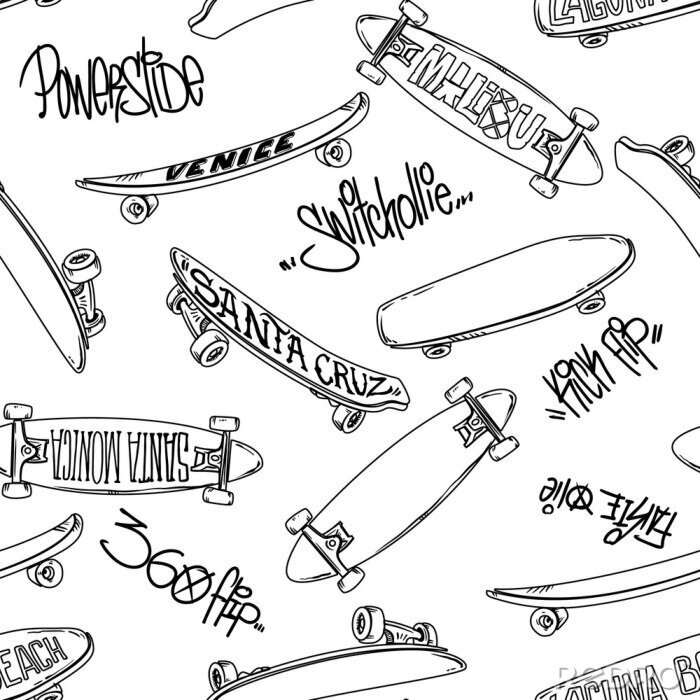 Tapete Nahtloses Muster mit Cartoon-Skateboarding und Graffiti-Inschrifttrick, Skate-Hintergrund