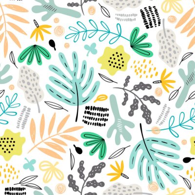 Tapete Nahtloses Muster mit dekorativen Pflanzen und Blumen im Gekritzelstil. Perfekt für Kinder Stoff, Textil, Kinderzimmer Tapete. Skandinavischer Stil