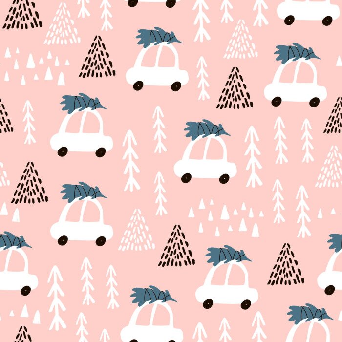 Tapete Nahtloses Muster mit dem Karikaturauto, das mit Weihnachtsbaum, Waldelementen und Hand gezeichneten Formen geht. Kindliche Textur. Ideal für Stoff, Textil- Vektor-Illustration
