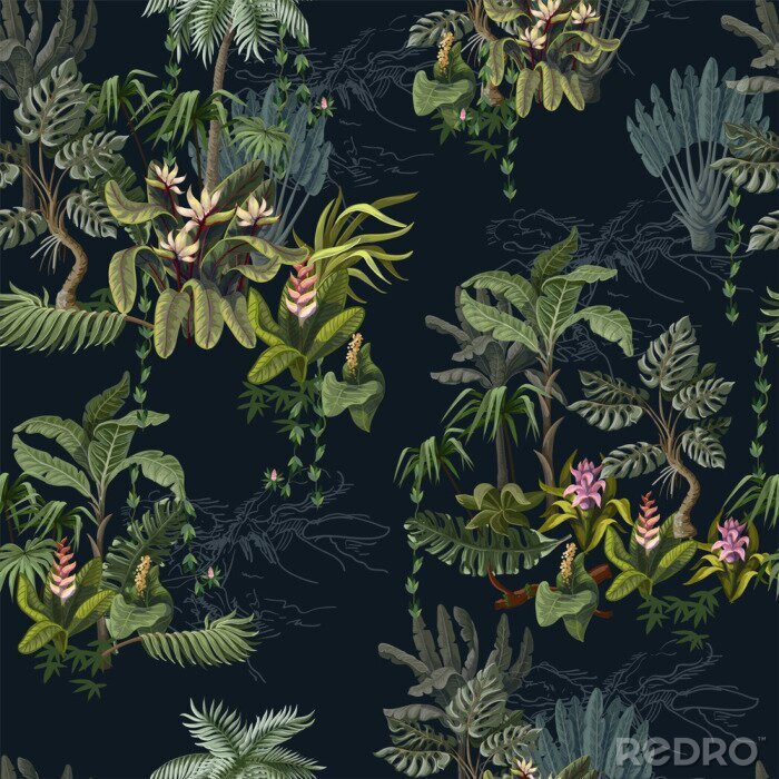 Tapete Nahtloses Muster mit Dschungelbäumen und Blumen. Vektor