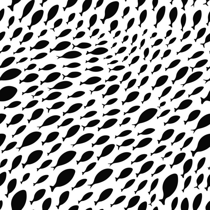 Tapete Nahtloses Muster mit einem Fischschwarm. Tapeten mit Silhouetten von kleinen Fischen. Textur mit Meereslebewesen.