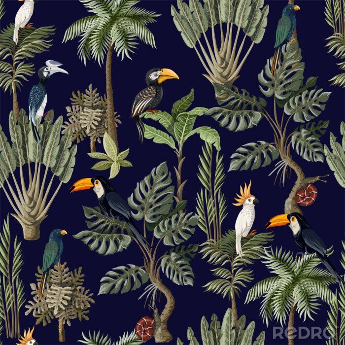 Tapete Nahtloses Muster mit exotischen Bäumen und Tieren. Vintage Vintage Tapete