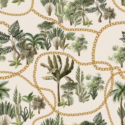 Tapete Nahtloses Muster mit exotischen Bäumen wie Palme, Monstera und Banane mit Ketten