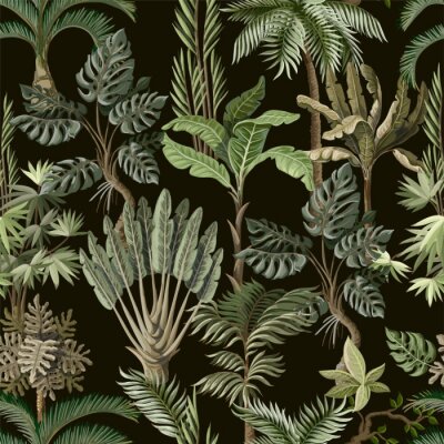 Nahtloses Muster mit exotischen Bäumen wie Palme, Monstera und Banane. Vintage Vintage Tapete