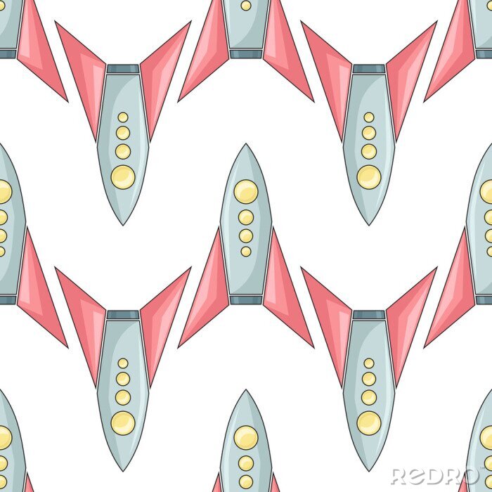Tapete Nahtloses Muster mit färbendem kindlichem Raumschiff auf weißem Hintergrund. Lineare Zeichnung von Shuttles in Reihe. Vektorbeschaffenheit mit Raumschiffen für Tapete und Ihr Entwurf