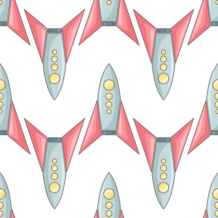 Tapete Nahtloses Muster mit färbendem kindlichem Raumschiff auf weißem Hintergrund. Lineare Zeichnung von Shuttles in Reihe. Vektorbeschaffenheit mit Raumschiffen für Tapete und Ihr Entwurf
