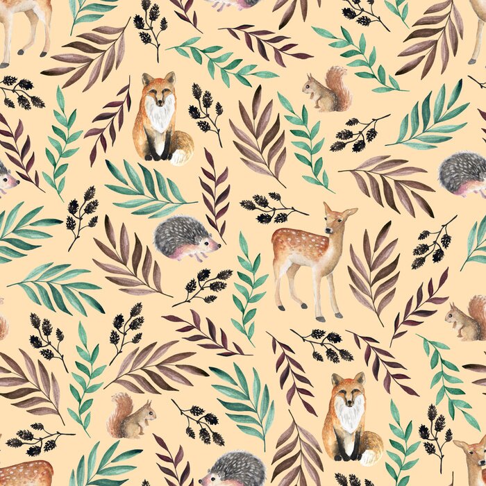 Tapete Nahtloses Muster mit Füchsen, Hirschen, Igeln. Aquarell Hand gezeichnet