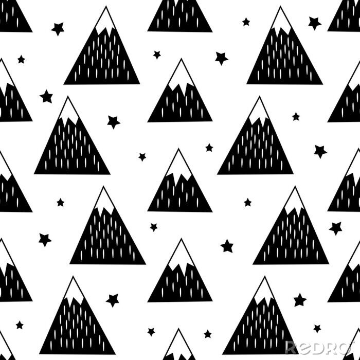 Tapete Nahtloses Muster mit geometrischen schneebedeckten Bergen und Sternen. Schwarz-Weiß-Art-Illustration. Nette Berge Hintergrund.