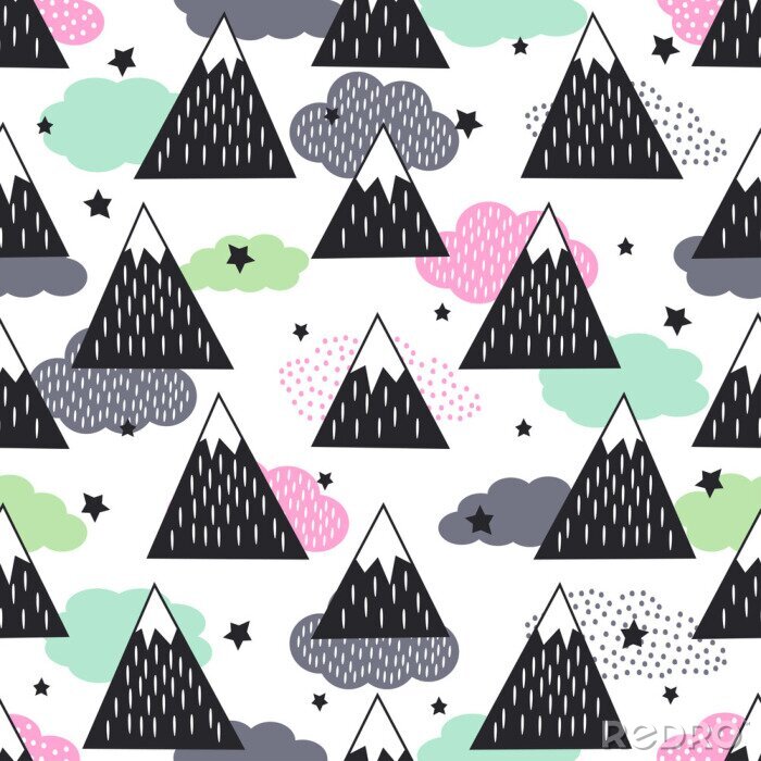 Tapete Nahtloses Muster mit geometrischen schneebedeckten Bergen, Wolken und Sternen. Grafische Naturillustration. Abstrakter Gebirgshintergrund