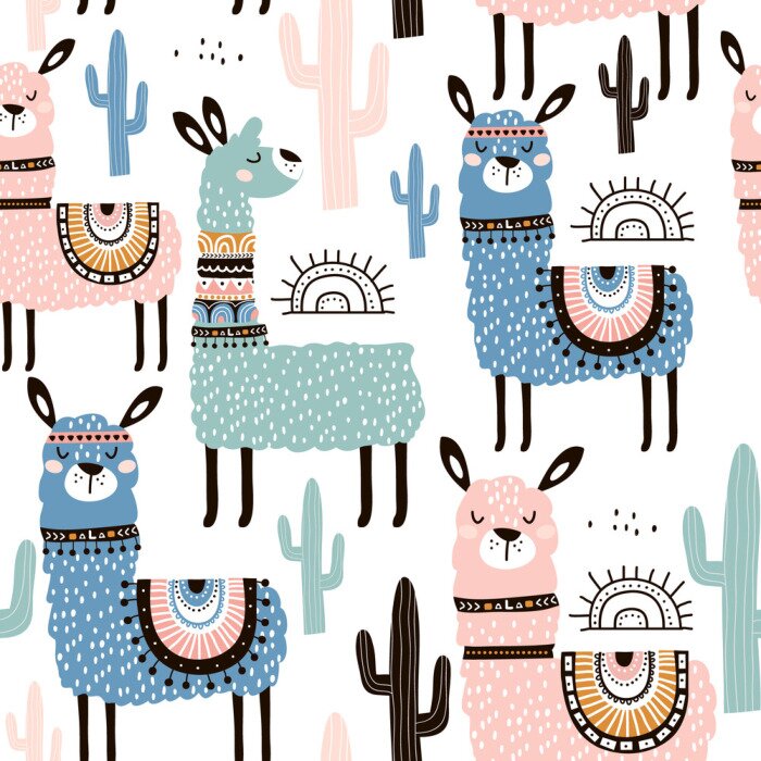 Tapete Nahtloses Muster mit gezeichneten Elementen des Lamas, des Kaktus und der Hand. Kreative kindische Textur. Groß für Stoff, Textil-Vektor-Illustration