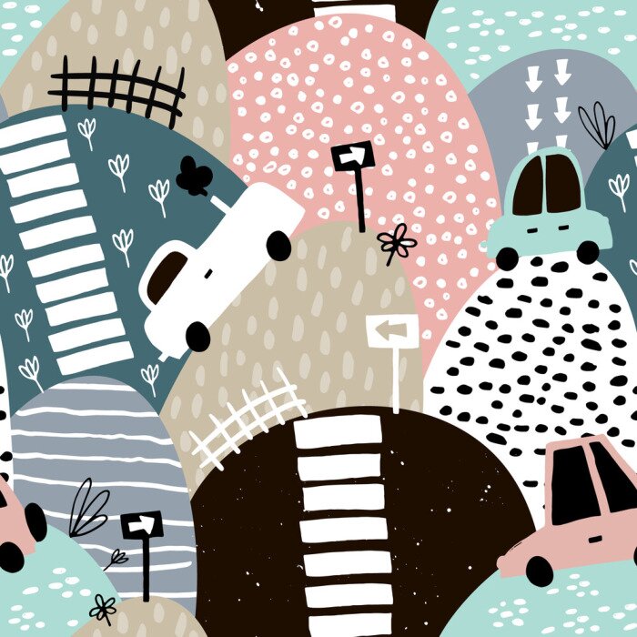 Tapete Nahtloses Muster mit Hand gezeichnetem nettem Auto und Hügeln. Karikaturautos, Verkehrsschild, Zebrastreifen-Vektorillustration. Perfekt für Kinder Stoff, Textil, Kinderzimmer Tapete