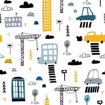 Tapete Nahtloses Muster mit Hand gezeichnetem Stadtdruck. Karikaturwolkenkratzer, Autos, Verkehrsschild, Zebrastreifen-Vektor-Illustration Vervollkommnen Sie für Kindergewebe, Gewebe, Kindertagesstätte