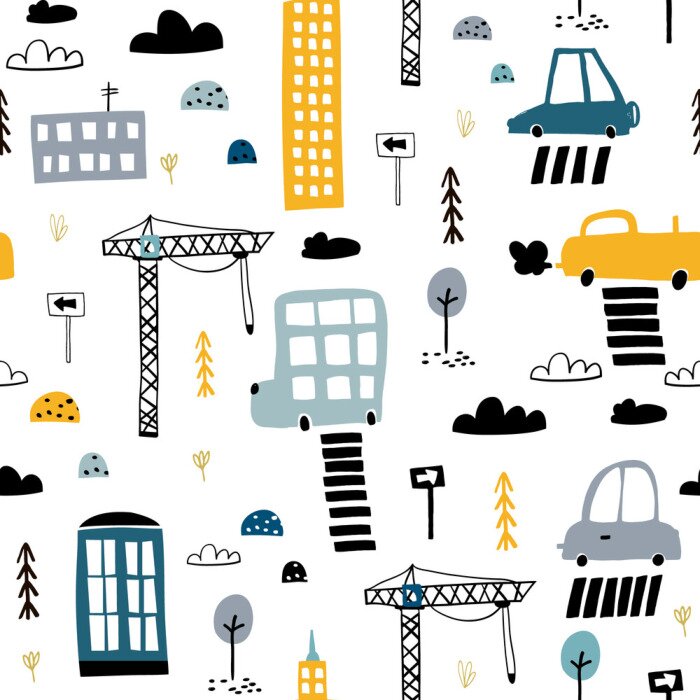 Tapete Nahtloses Muster mit Hand gezeichnetem Stadtdruck. Karikaturwolkenkratzer, Autos, Verkehrsschild, Zebrastreifen-Vektor-Illustration Vervollkommnen Sie für Kindergewebe, Gewebe, Kindertagesstätte