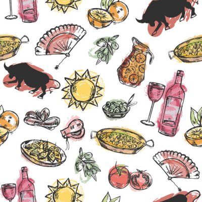 Tapete Nahtloses Muster mit Hand gezeichneten spanischen Symbolen