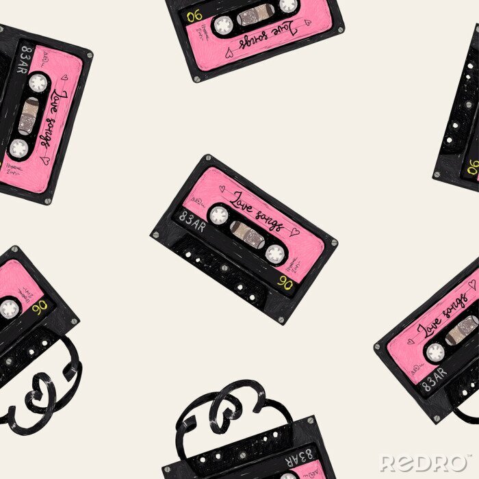 Tapete Nahtloses Muster mit handgezeichneten Skizzen-Audiobändern mit Liebesliedern und Herzbändern im Retro-Stil der 80er Jahre auf beigem Hintergrund. Am besten für Valentinstagverpackungen, Liebeskarten