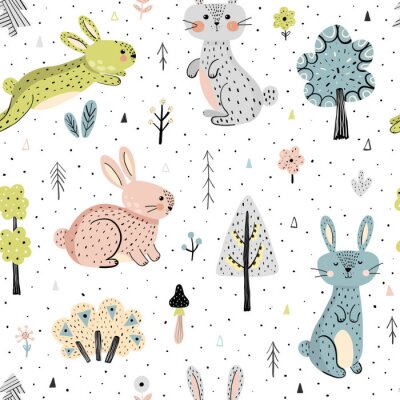 Nahtloses Muster mit Hasen im Wald. Kindlicher Hintergrund im modernen skandinavischen Stil. Vektorillustration