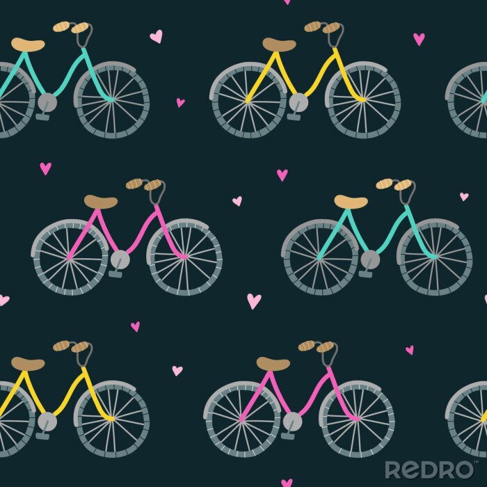 Tapete Nahtloses Muster mit lustigen Fahrrädern. Vektorhintergrund mit Fahrrädern