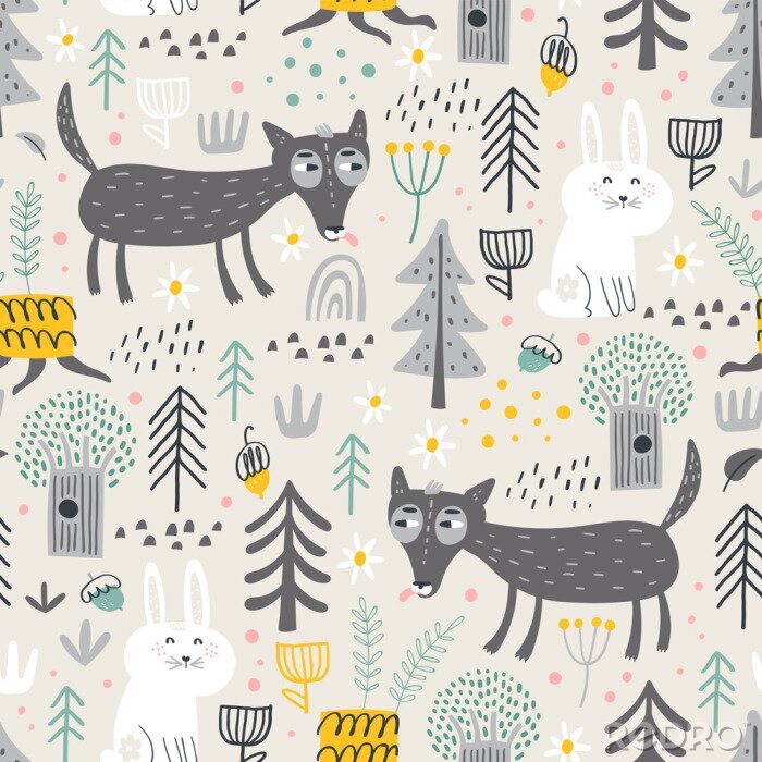 Tapete Nahtloses Muster mit niedlichem Wolf und weißem Hasen im Wald. Vektorhintergrund für Kinder. Skandinavischer Stil