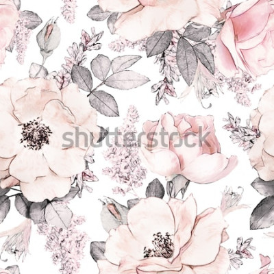 Tapete Nahtloses Muster mit rosa Blumen und Blättern auf weißem Hintergrund, Aquarellblumenmuster, Blume stieg in die Pastellfarbe, tileable für Tapete, Karte oder Gewebe
