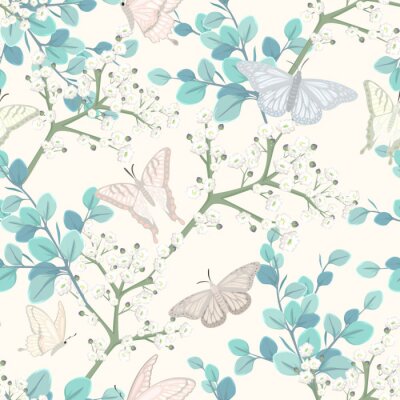 Tapete nahtloses Muster mit Schmetterlingen und weißen Blumen