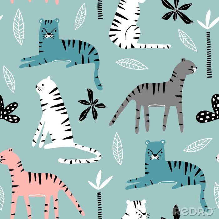 Tapete Nahtloses Muster mit Tigern, Palmzweig und tropischem Hintergrund.  Kreative kindliche Textur des Dschungels.  Ideal für Stoff, Textil Vektor-Illustration