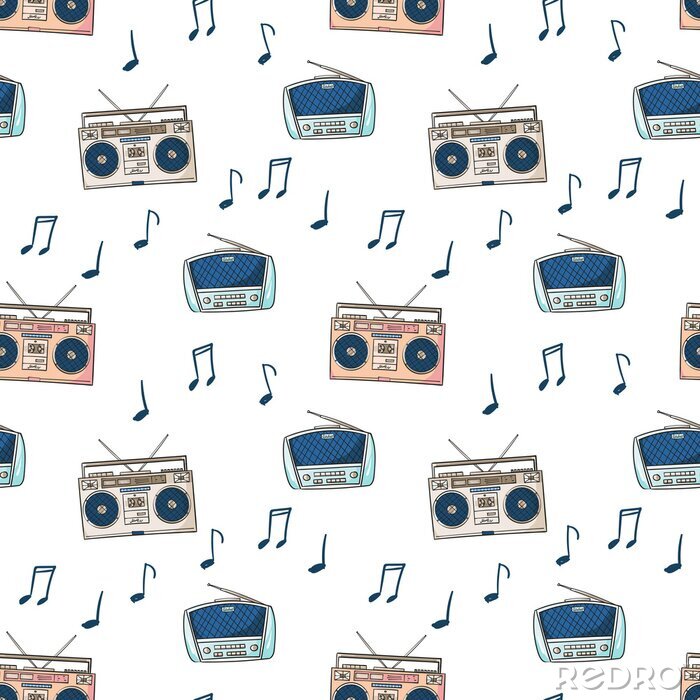 Tapete Nahtloses Muster mit Tonbandgerät für Audiokassetten und Radio, merkt Karikaturart