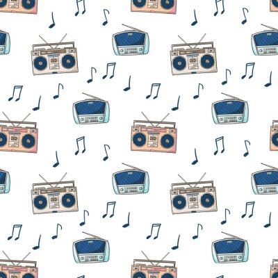 Tapete Nahtloses Muster mit Tonbandgerät für Audiokassetten und Radio, merkt Karikaturart