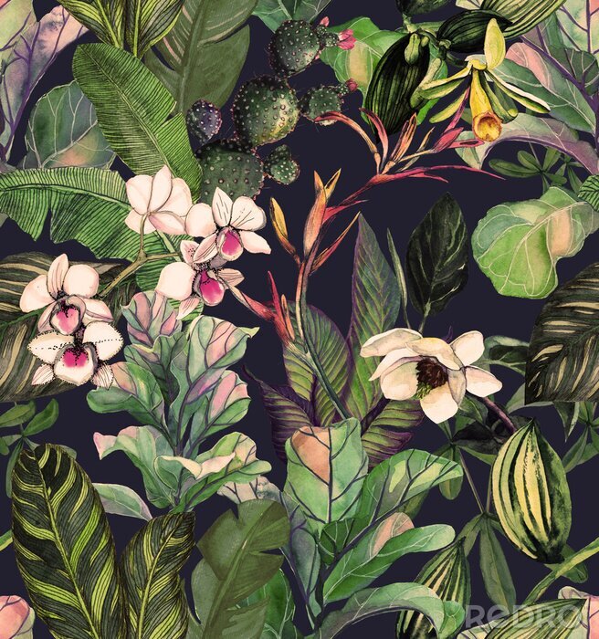 Tapete Nahtloses Muster mit tropischen Blättern und Blüten. Aquarellmuster mit einer Magnolienblume, Orchideen, Kaktus, weiße Orchideenphalinopsis. Botanischer Hintergrund