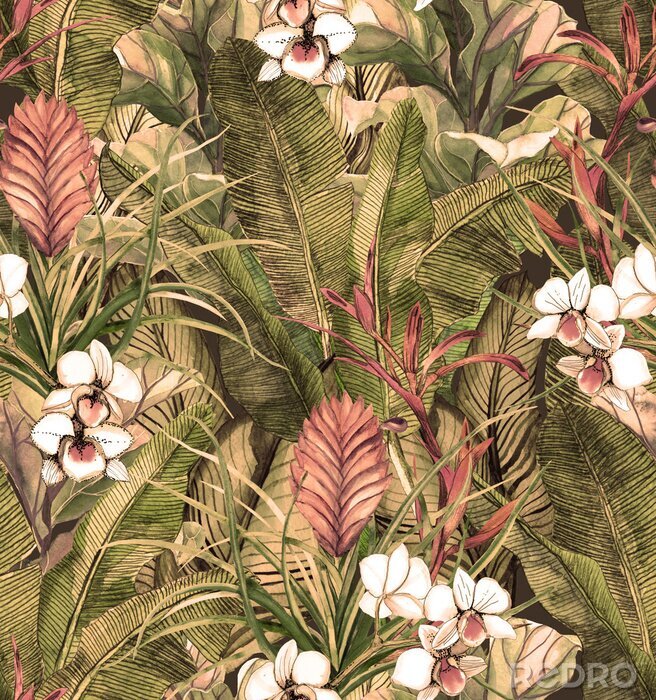 Tapete Nahtloses Muster mit tropischen Blättern und Blüten. Aquarellmuster mit weißer Orchideen-Phalinopsis. Botanischer Hintergrund