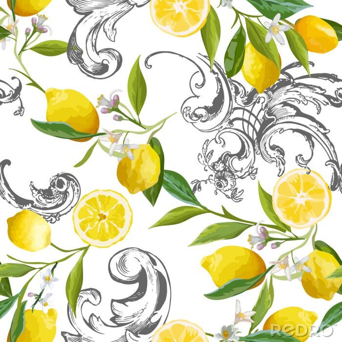 Tapete Nahtloses Muster mit Vintage-Barocco-Design mit gelben Zitronenfrüchten, Blumenhintergrund mit Blumen, Blättern, Zitronen für Tapeten, Stoff, Druck. Vektorillustration