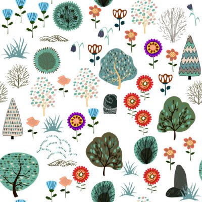Tapete Nahtloses Muster mit Waldelementen und handgezeichneten Formen. Kindliche Textur