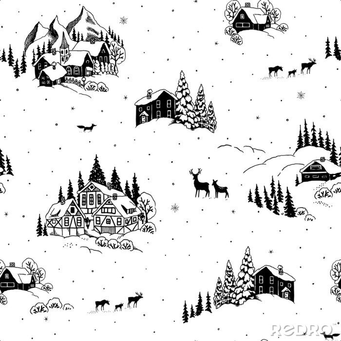 Tapete Nahtloses Muster mit Zeichnung Winterlandschaft, Häuser, Chalets und Tiere. Vektor-Weihnachtsillustration im Weinlesestil