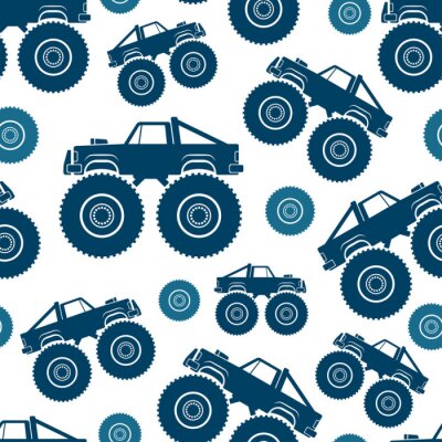 Tapete Nahtloses Muster. Monster Truck Vektorzeichnung. Isoliertes Objekt auf weißem Hintergrund. Textur